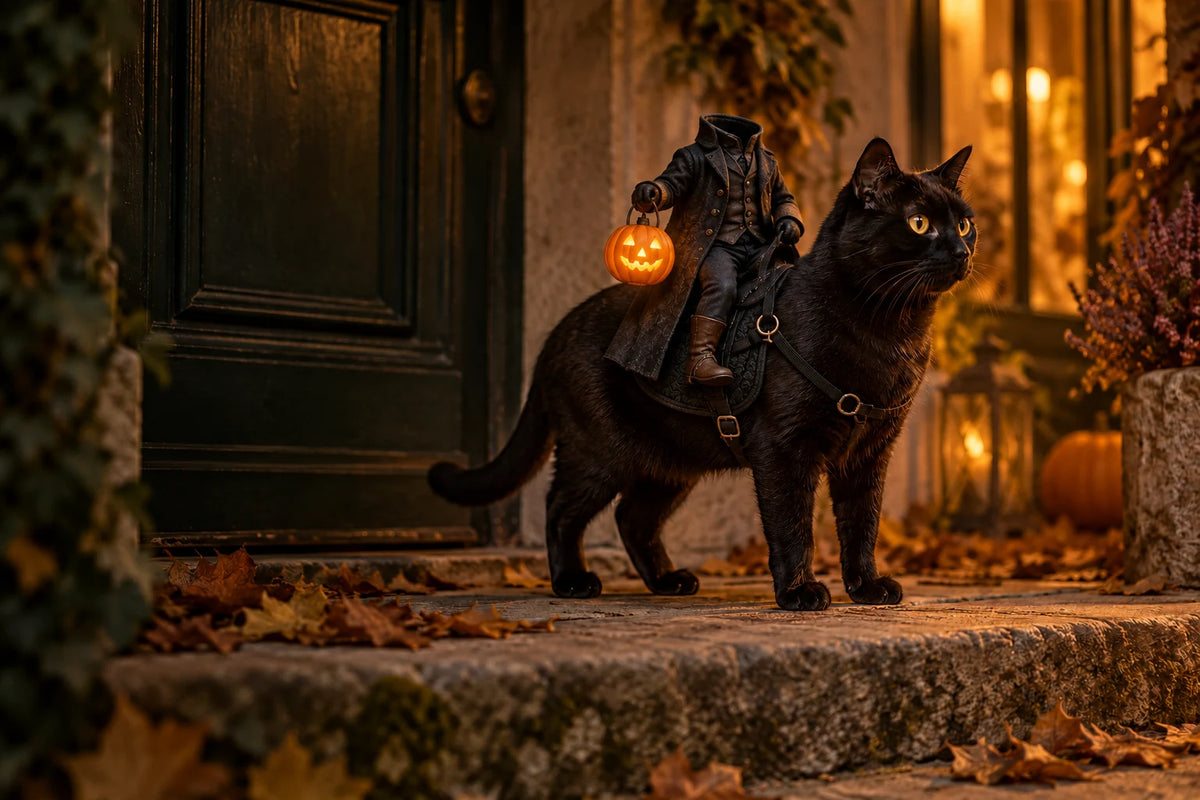 Reiterkostüm auf einer schwarzen Katze
