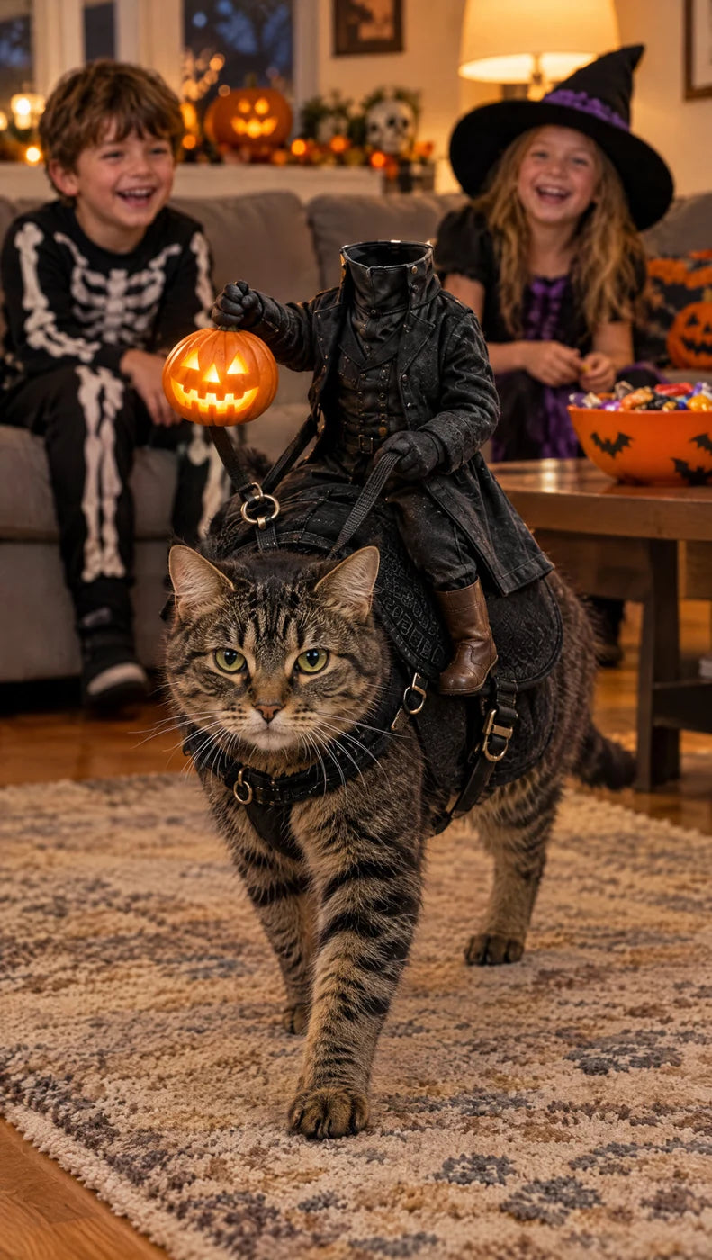 Katze mit Reiterkostüm in einer Halloween-Wohnzimmerszene