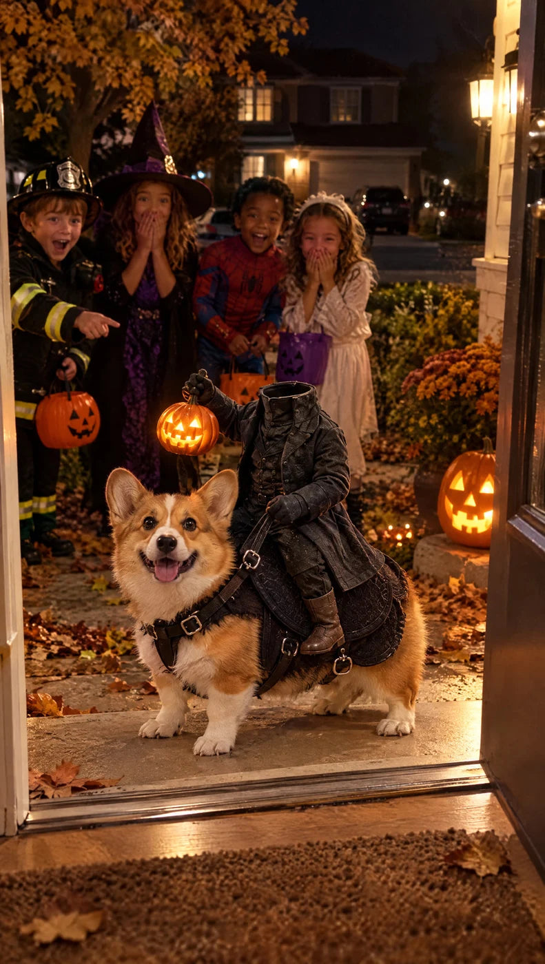 Kleiner Hund im Reiterkostüm an einer Halloween-Haustür